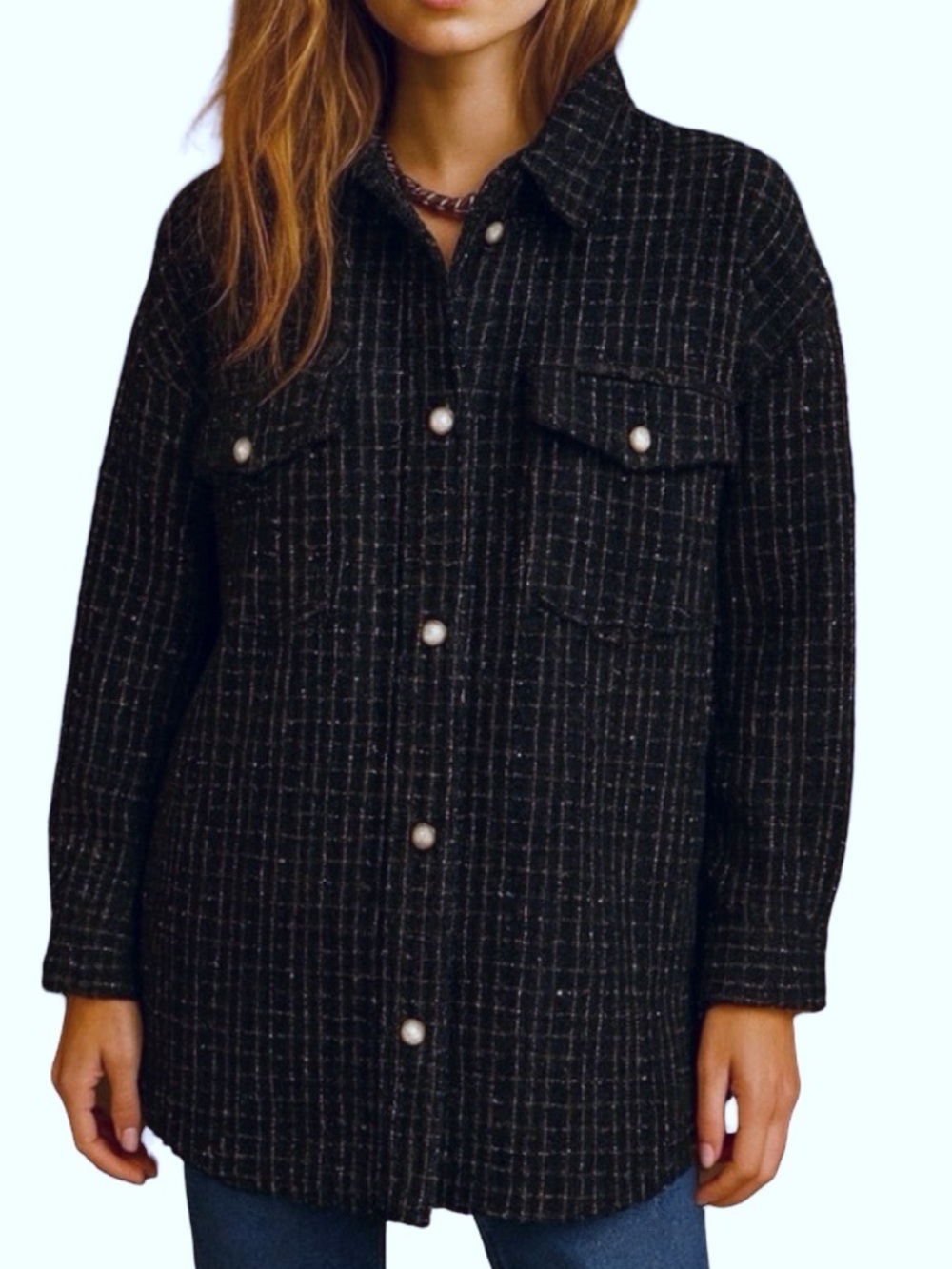 Lane Bryant Black Pearl Button Sequin Thick Tweed Shacket Holiday Shirt Blazer